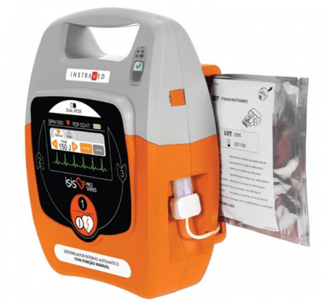 equipamento Desfibrilador Externo Automático Instramed ISIS para desfibrilação o que é disponível para locação com a Clean Medical